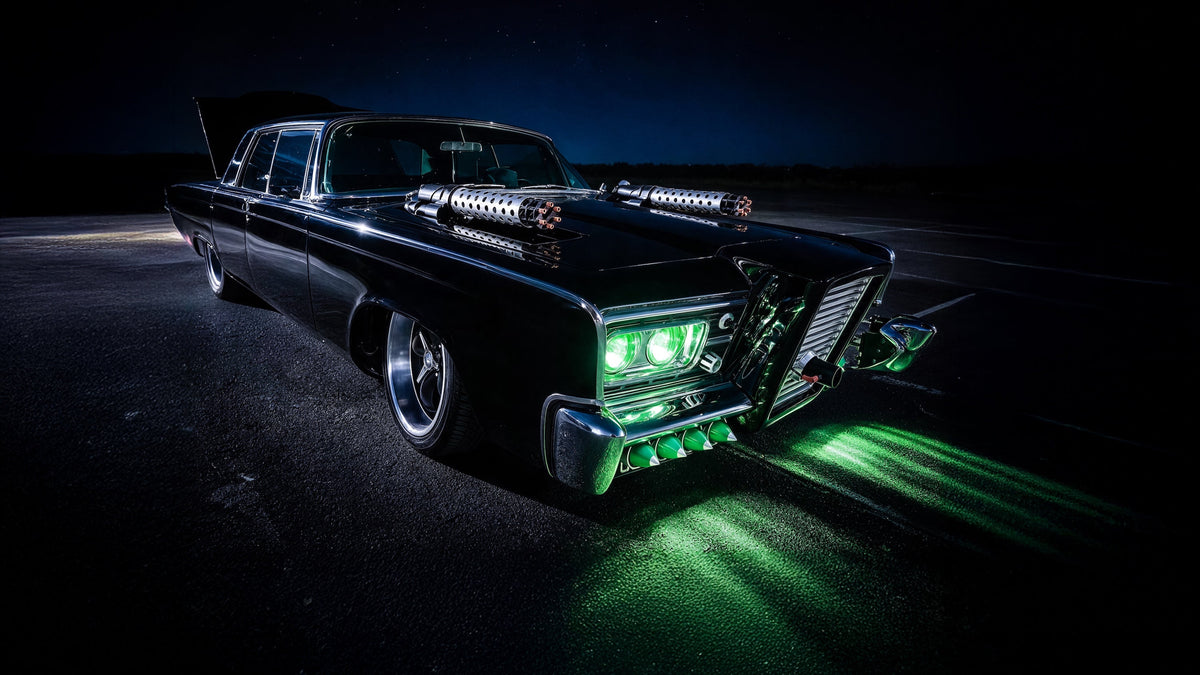 A customized black 1964 black Imperial Black Beauty replica from the Green Hornet