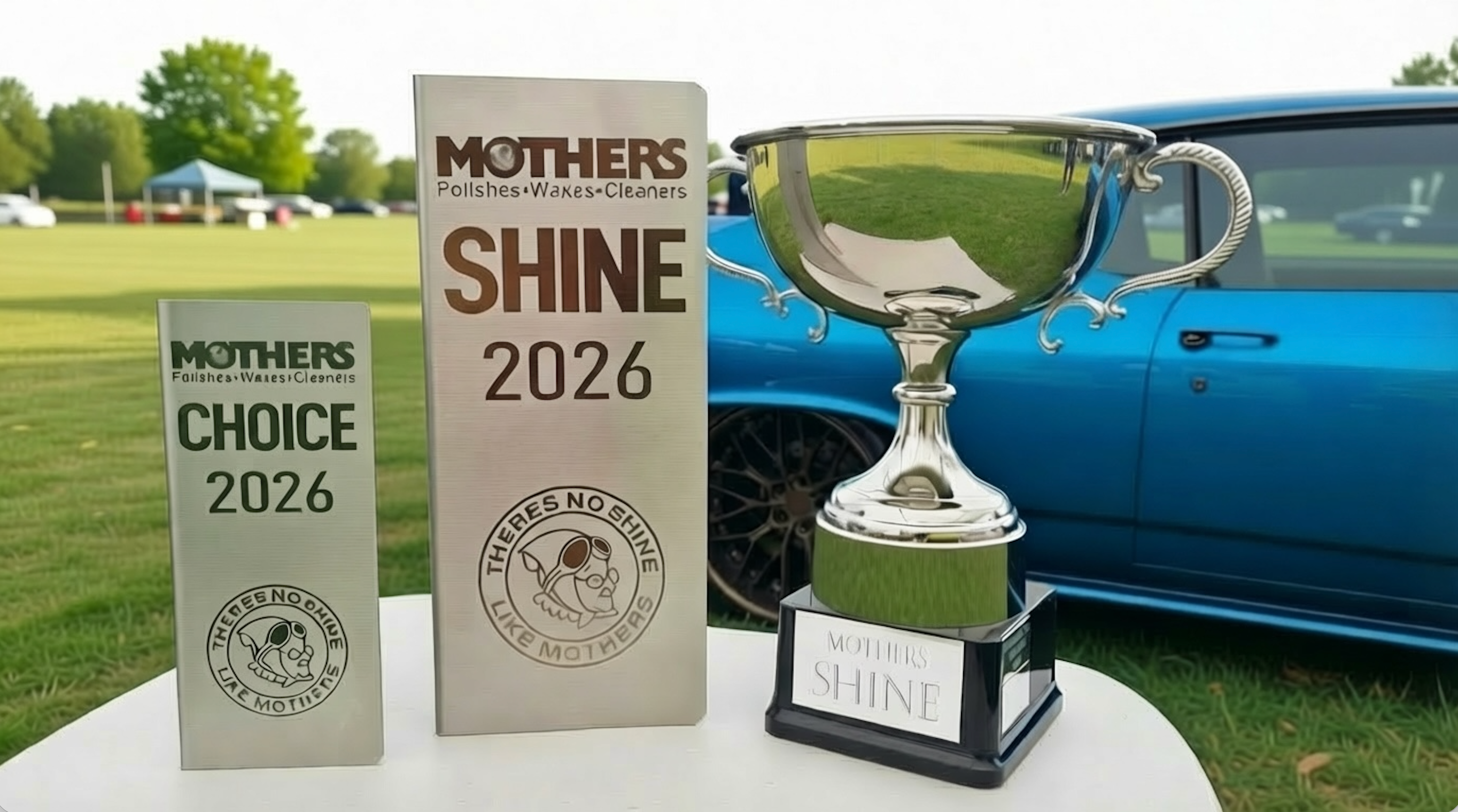 Two awards and a trophy on a table with a blue car in the background.